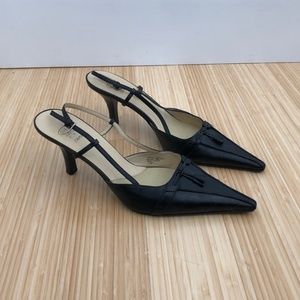 Black sling back pointed toe kitten heel